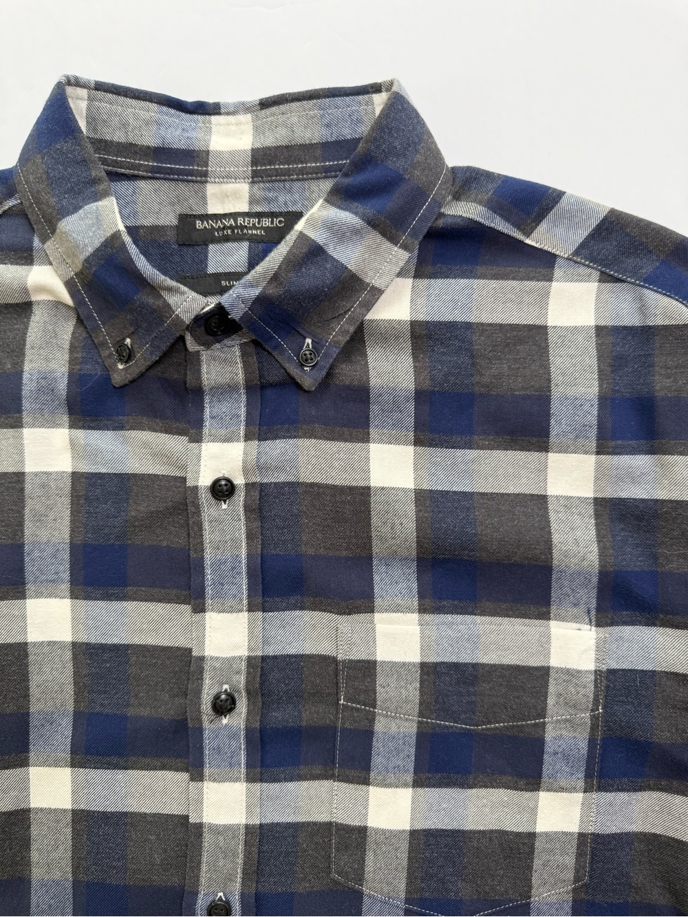 Banana Republic Slim Fit Blue Gray Plaid Luxe Flannel Shirt Men’s L